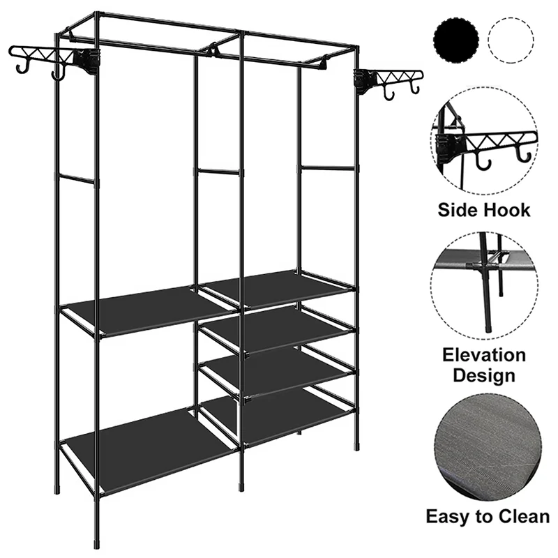 Clothes Rack Double Row Clothes Rack Large Floor Hangers With Hanging Hooks Shoes Household Storage Shelf Modern Coat Rack