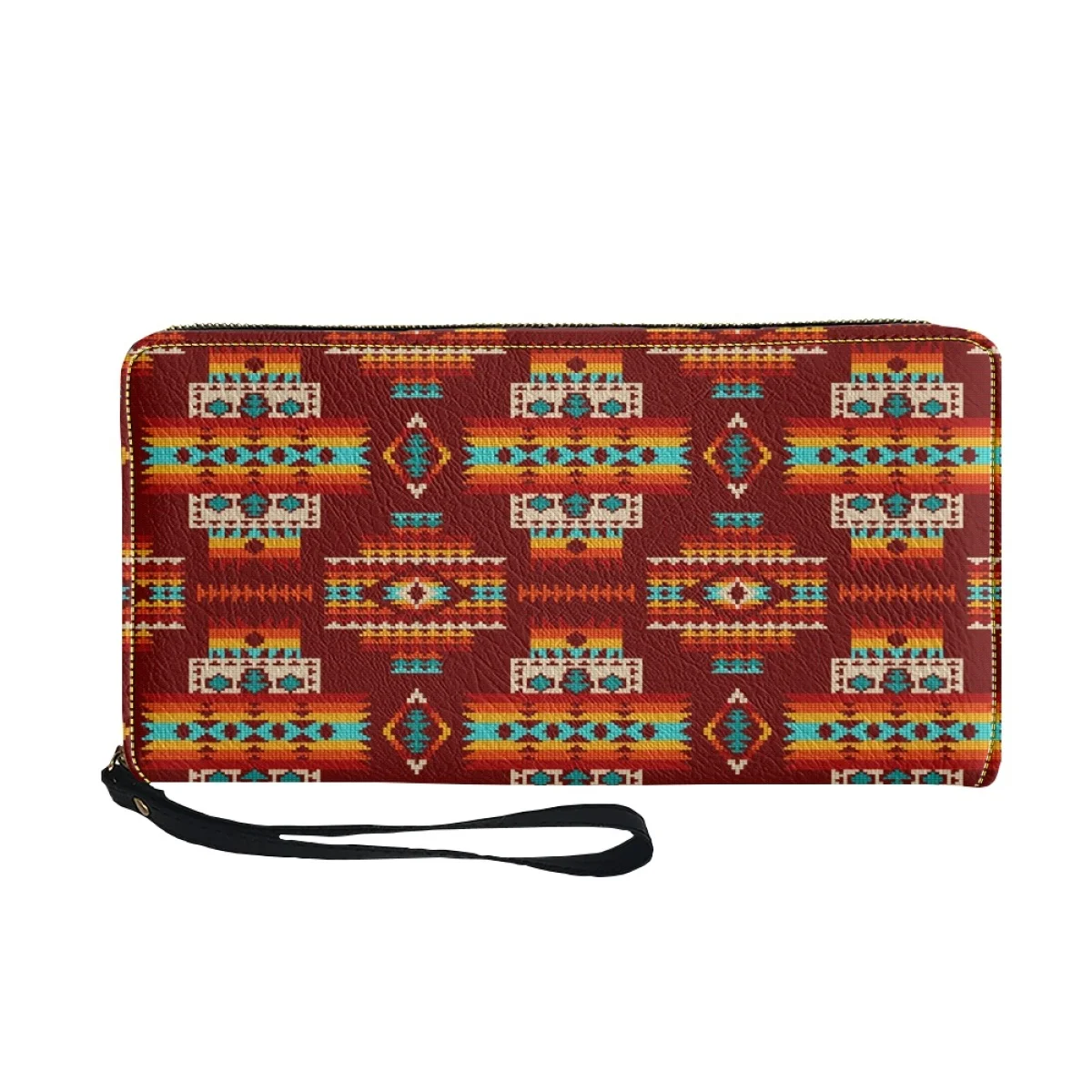 Portefeuille en cuir à motif rouge tribal pour femme, sac à main long à fermeture éclair pour femme, porte-cartes de voyage multifonction, sacs d'argent pour filles, mode