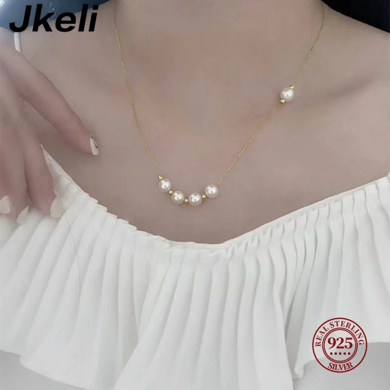 Natural Freshwater White AKOYA Pearl Smile Chain Advanced Design Ins Style S925 Sterling Silver Necklace Universal Adiustment