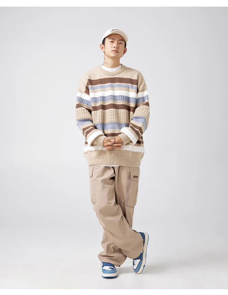 

Японский свитер с круглым вырезом для мужчин осень-зима, новый стиль, полосатая контрастная строчка, модная брендовая свободная куртка