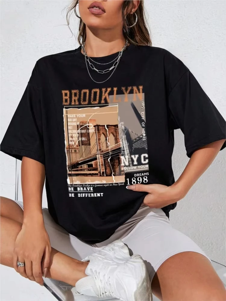 New Women's Cotton T-Shirts Letter Brooklyn NYC 1898 Graphic Printed Tees Fashion Casual Female Clothes Oversized Street Tops