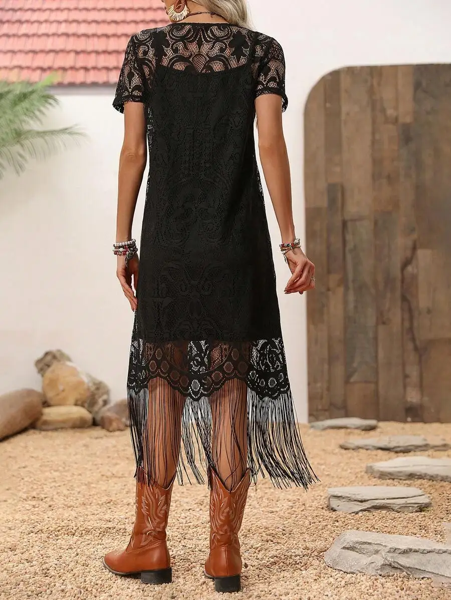 

Boho Lace Long Fringe Black Dress Western Style Casual Summer Dress For Women