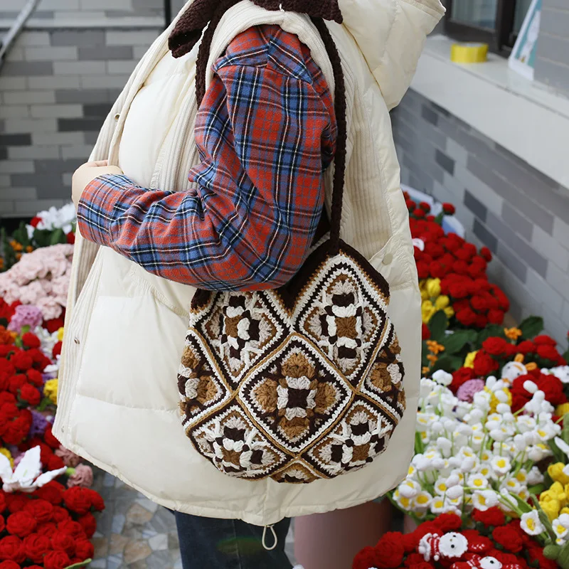 Vintage Coffee Tone Granny Square Crochet Crossbody Bag, Retro Patchwork Hand Knit Drawstring Shoulder Bag for Women