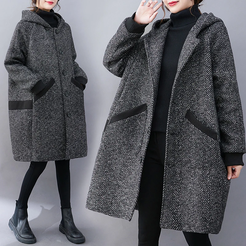 Outono inverno novo sle floco de neve casaco de lã jaet plus size feminino com capuz longo sve comprimento médio de seda emagrecimento na moda w...
