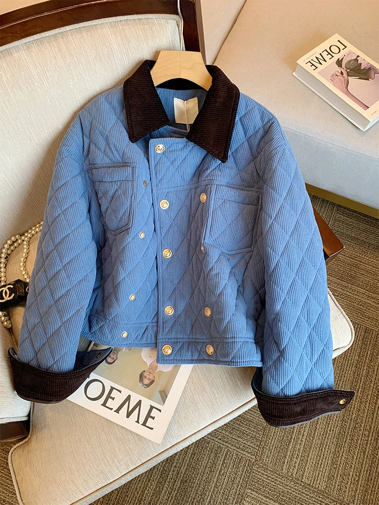 

Корейская женская хлопковая куртка с синими бриллиантами и воротником-стойкой, осенне-зимняя, повседневная, с двойной застежкой на пуговицах, из хлопка.