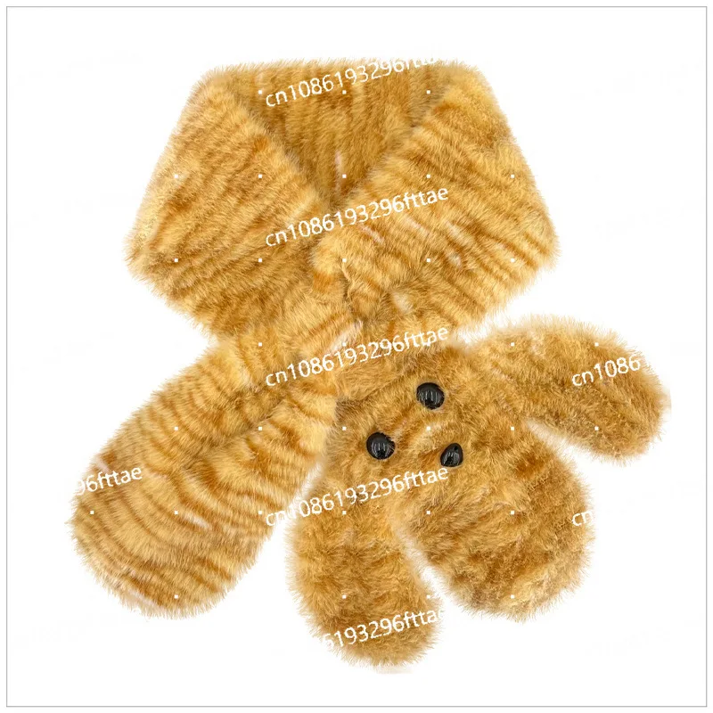 Cute Cartoon Tiger Plush Cross Scarf Female Winter Fluffy Neck Protector Warm Scarf Hat Two-piece Set