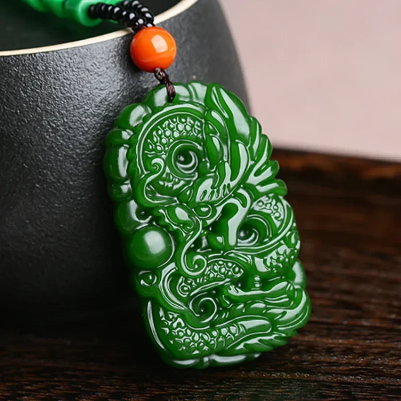 

Chinese Green Jade Dragon Pendant Necklace Charm Jewellery Fashion Accessories Hand-Carved Woman Amulet Sweater Chain