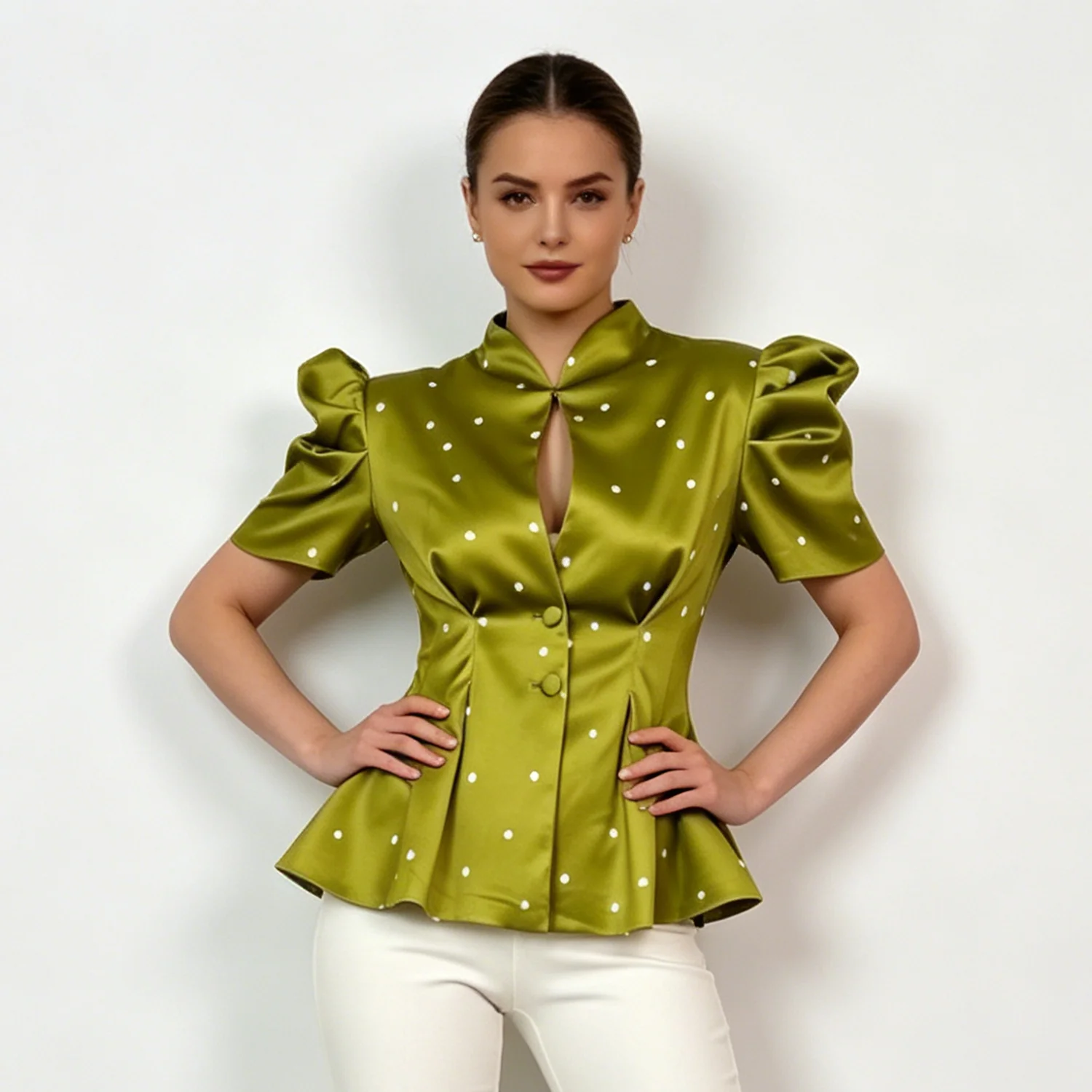 

LIMO Elegant Vintage Polka Dot Peplum Shirt 2026 Summer Office Lady Blouse