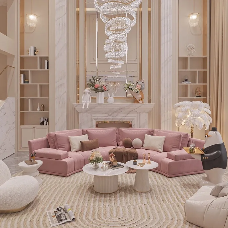French light luxury style fabric sofa living room luxury curved combination sofa high-end villa romantic pink