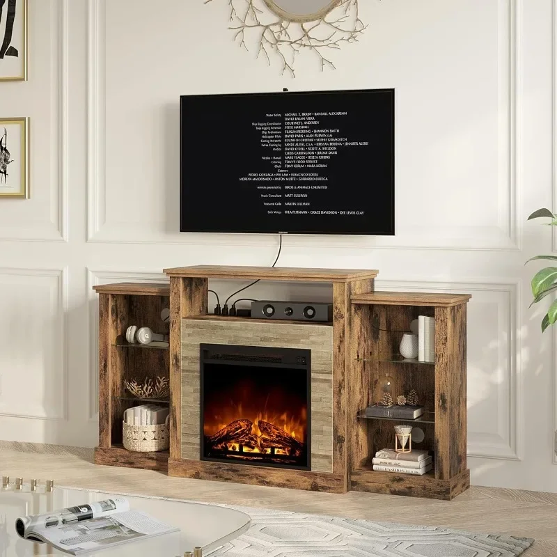 ZHENXIANG Fireplace TV Stand with LED Lights and Power Outlets, TV Console, Entertainment Center with Adjustable Glass Shelves