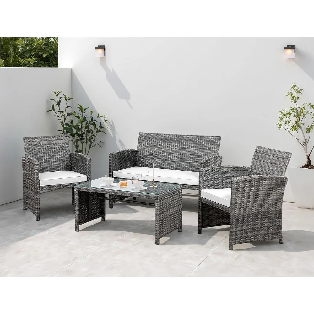 

4 Piece Patio Ratten Set Outdoor Furniture Set Wicker Conversation Set with Cushions and Tempered Glass Tabletop,
