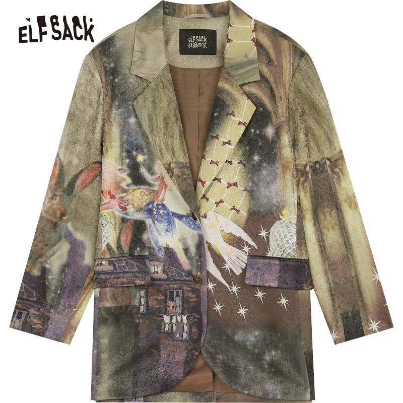 ELFSACK 2024 Autumn New Arrive Retro full print street bombing suit jacket for women Loose design style suit