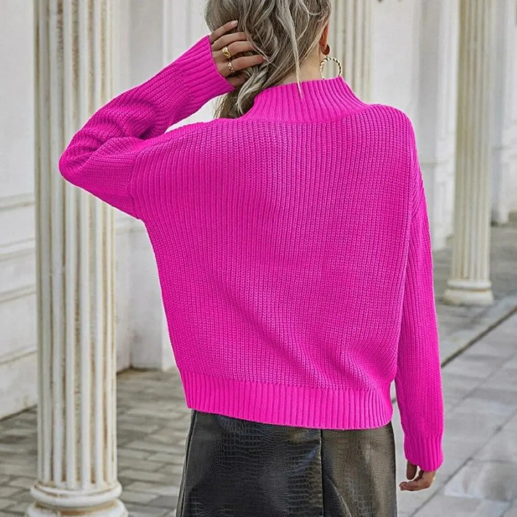 

Fashion High-Neck Long-Sleeve Solid Color Knit Sweater European And American Style Half-High Neck Base Shirt for Women