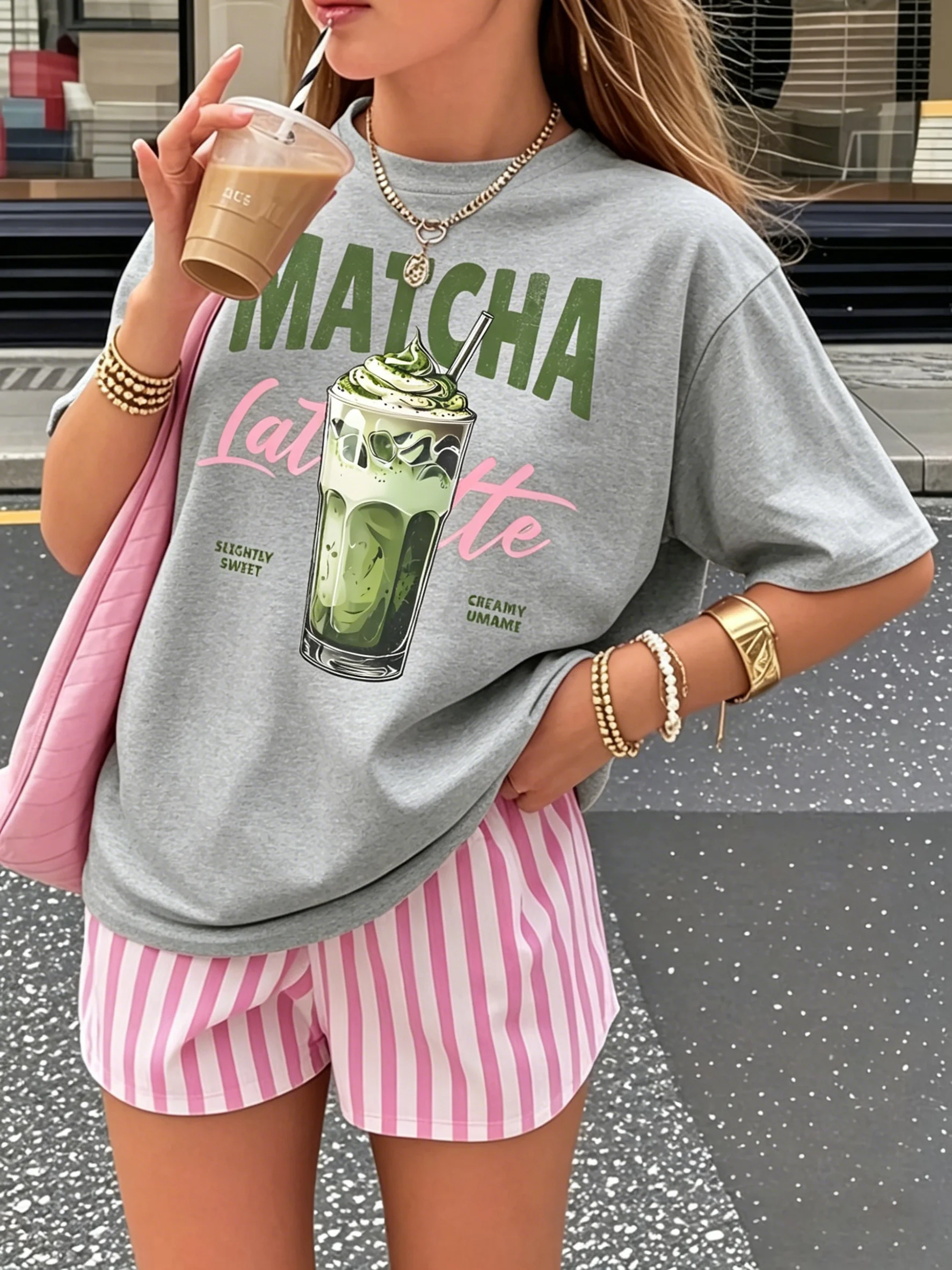 Matcha Latte Retro Iced Coffee Grafik-Baumwoll-T-Shirt für Damen, Sommer, kurzärmelig, Kaffeeliebhaber-T-Shirts, lässige Paar-Y2K-Tops – Detail 9