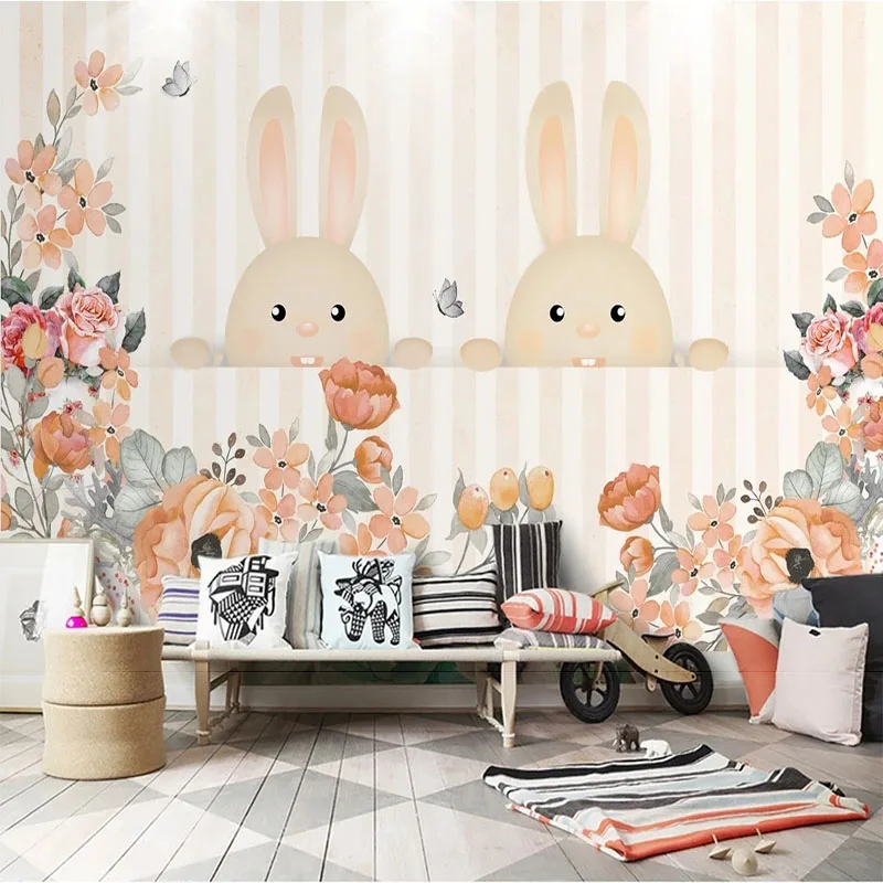 Custom Mural Children's Room Background Wall Nordic Minimalist Hand-Painted Cartoon Rabbit Mural Decor Papel De Parede 3D Tapety