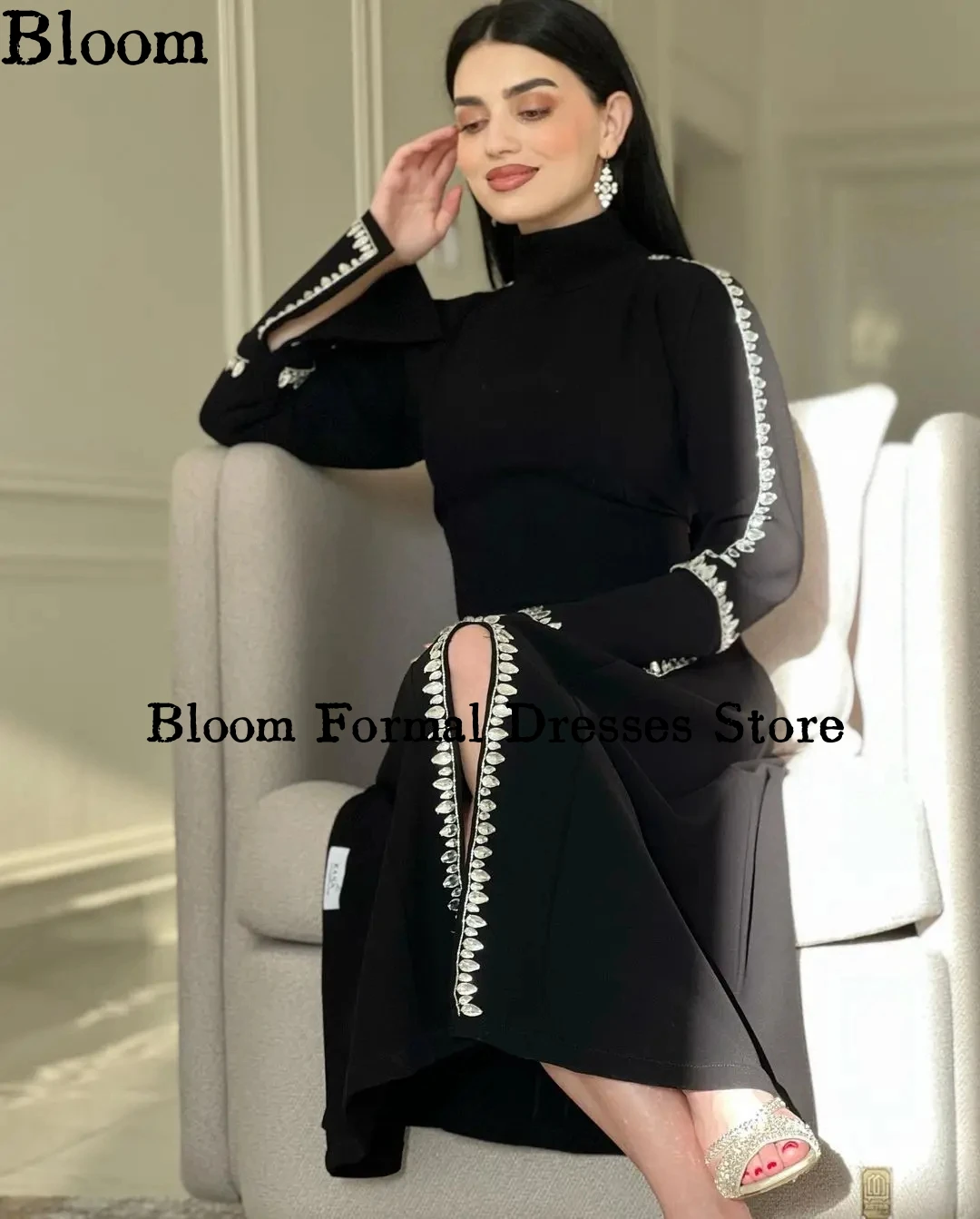 Bloom High Neck schwarze Abendkleider für Prom Hand beads lange Ärmel Seite geteilt formelle Kleid Feier Hochzeits feier Kleid