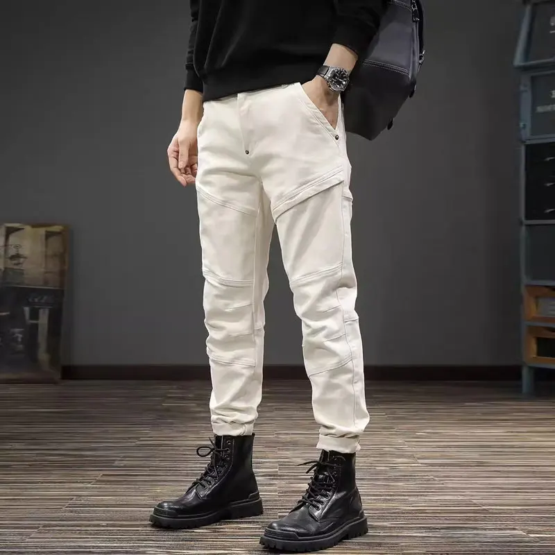 

Street Fashion Men Jeans High Quality Beige White Stretch Slim Fit Patched Designer Biker Jeans Men Spliced Hip Hop Denim Pants