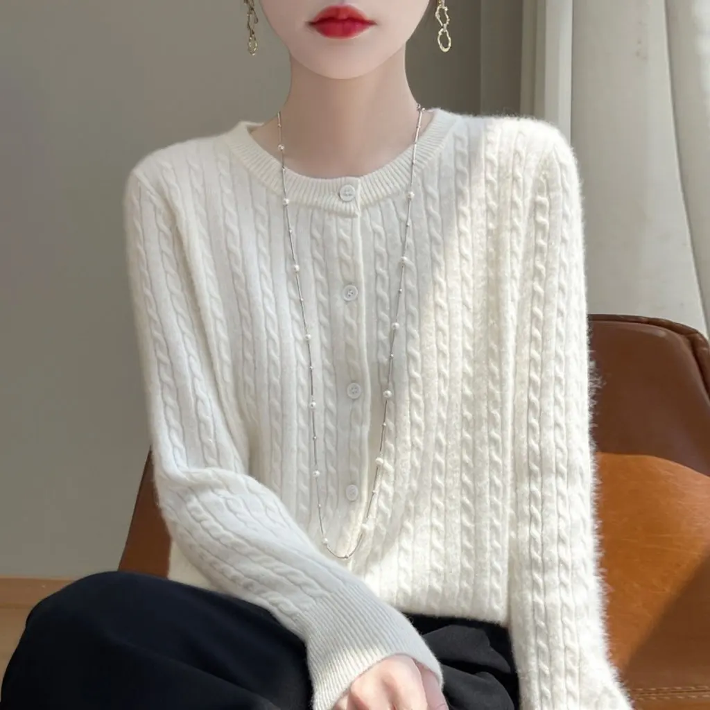 

Women's Pure Wool Knitted Cardigan Sweater Jacket round Neck Twist Long Sleeve Fashion Outerwear New Design