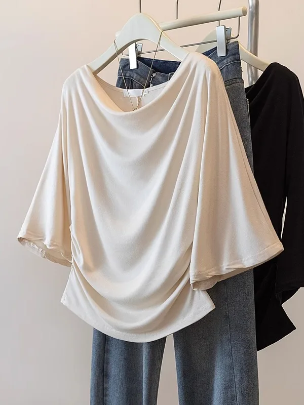 Camiseta Plus Size de Manga Curta Feminina, Slim Fit, com Manga Sino, Estilo Coreano, Cor Pura, Nova Chegada de Verão