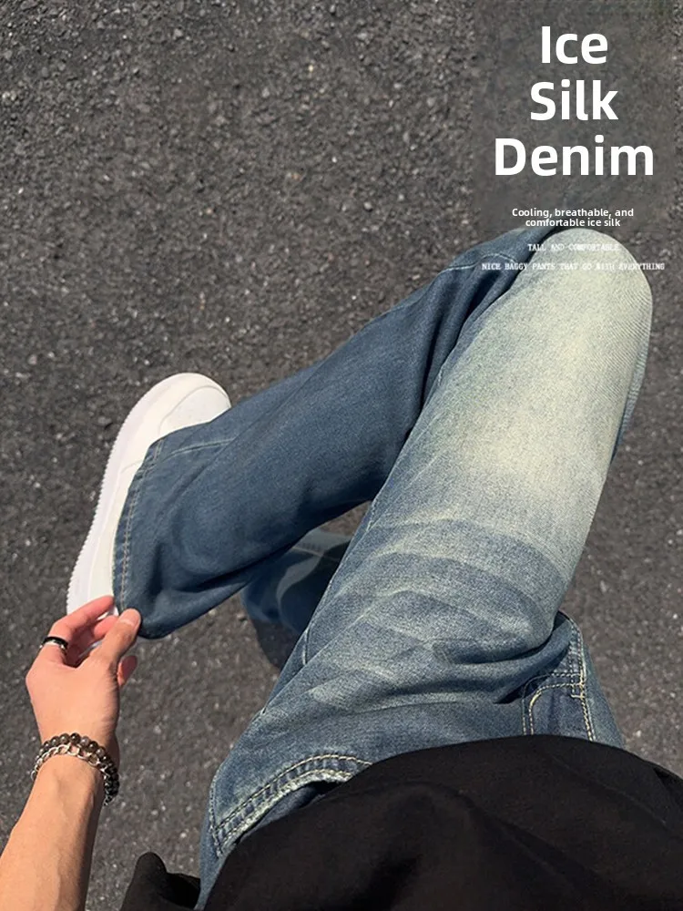 

Мужские летние тонкие прямые джинсы в стиле ретро синего цвета, брюки с ножом в американском стиле Sle Bend