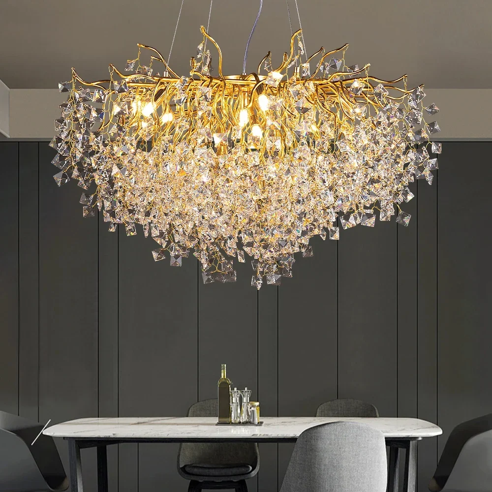 

Gold Crystal Chandelier Indoor Dining Room Rectangular Suspension Lighting Large LED Round Light Island Branch Chandelier