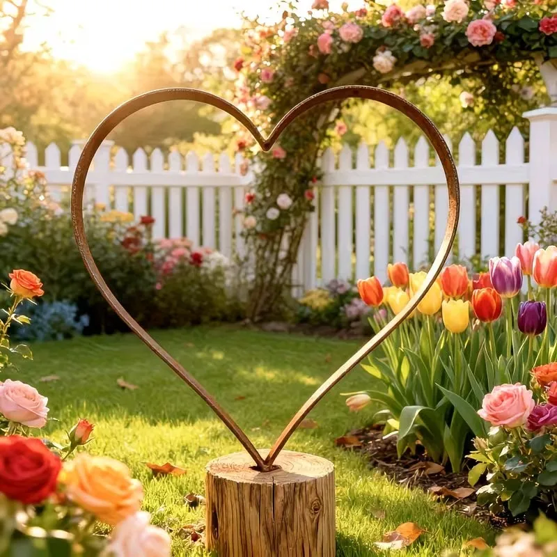 1pc rust-effect metal heart garden stake - outdoor courtyard art decoration, iron heart sculpture