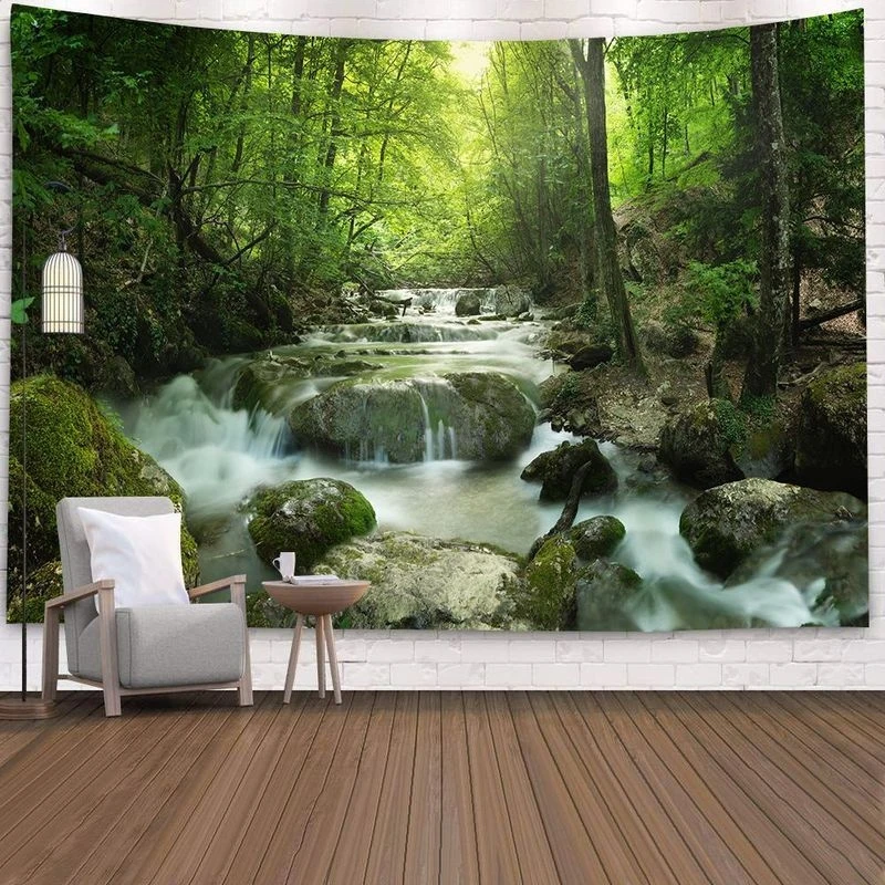 VIKAMA Große Wandteppiche, grüner Wald, Bach, Natur, Landschaft, Wandteppich, Raumdekoration, Artikel für Wohnzimmer, Schlafzimmer, Wohnheim