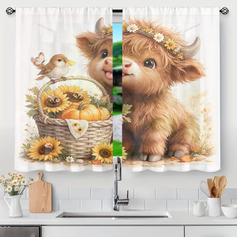 Fall Harvest Sunflowers Pumpkin Puppy Pair Curtains Boho Cottagecore Aesthetic Window Drapes Translucent Kitchen Living Room Dec