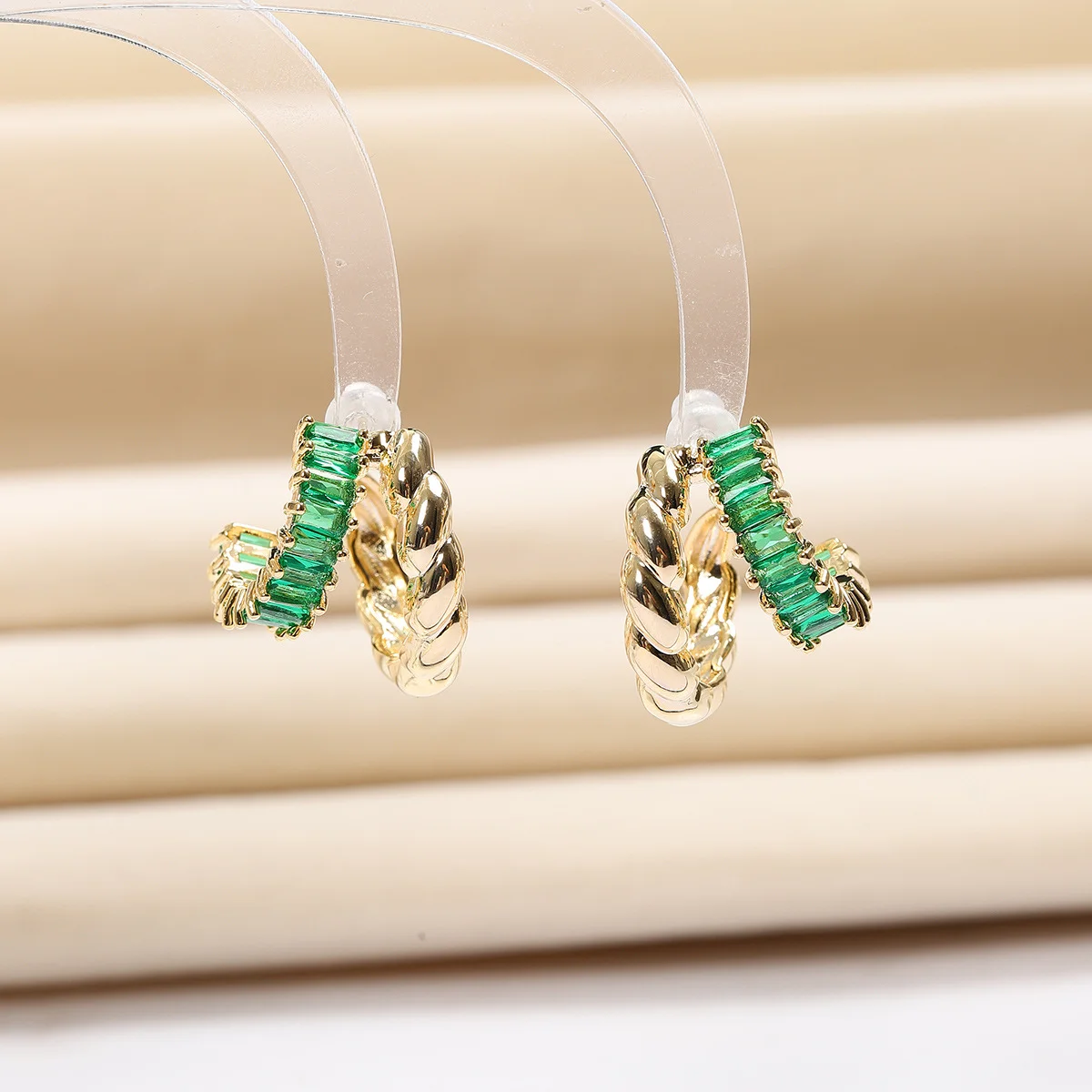 

925 Silver Needle Green Baguette Crystal Twisted Hoop Earrings, Gold-Tone Statement Jewelry for Women Party Daily Wear