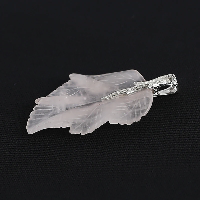 925 Sterling Silver Pendant Natural Stone Rose Quartz Handcarved Leaf Pendant Bead Necklace  Accessories 59x32x7mm 11.2g