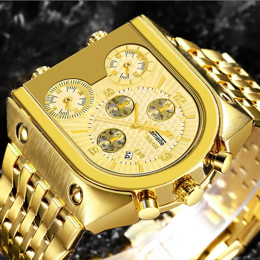 Temeite 2025 Retro Golden Men's Watch Luxury Bronze Stainless Steel Quartz Sport Wristwatch Big Dial Male Relogio Masculino