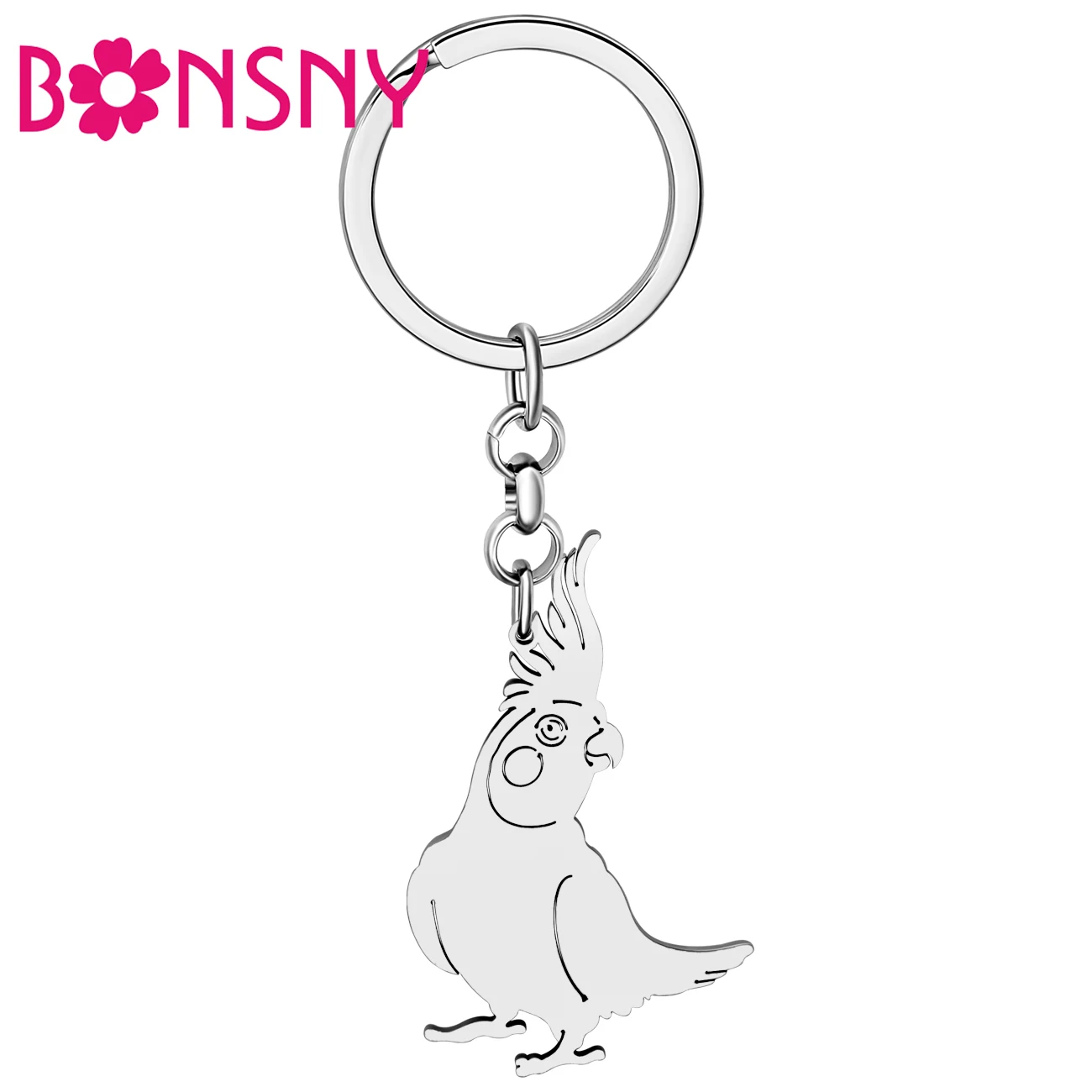 Bonsny Stainless Steel Silver-plated Cockatiel Parrot Keychains Key Ring Birds Key Chains Fashion Jewelry For Friends Car Charms