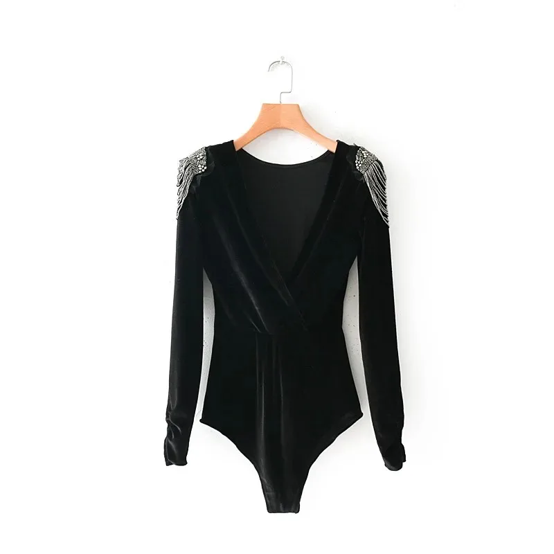 Women sexy cross v neck velvet bodysuit shirt women shoulder beading chic siamese blouse retro playsuits femininas blusas