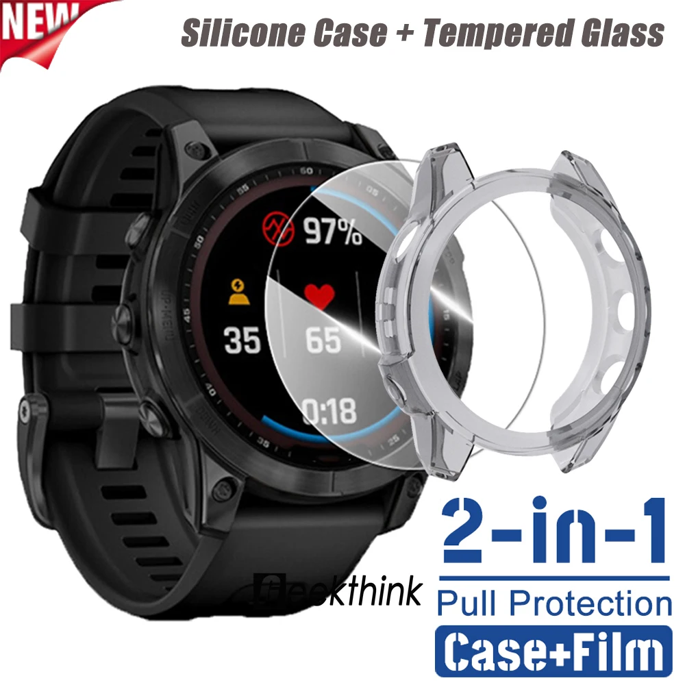 2-in-1 Silicone Case + Tempered Glass for Garmin Fenix 7 7S 7X 6 6S 6X Pro Smart Watch Protective Cover & Screen Protector 5 5S