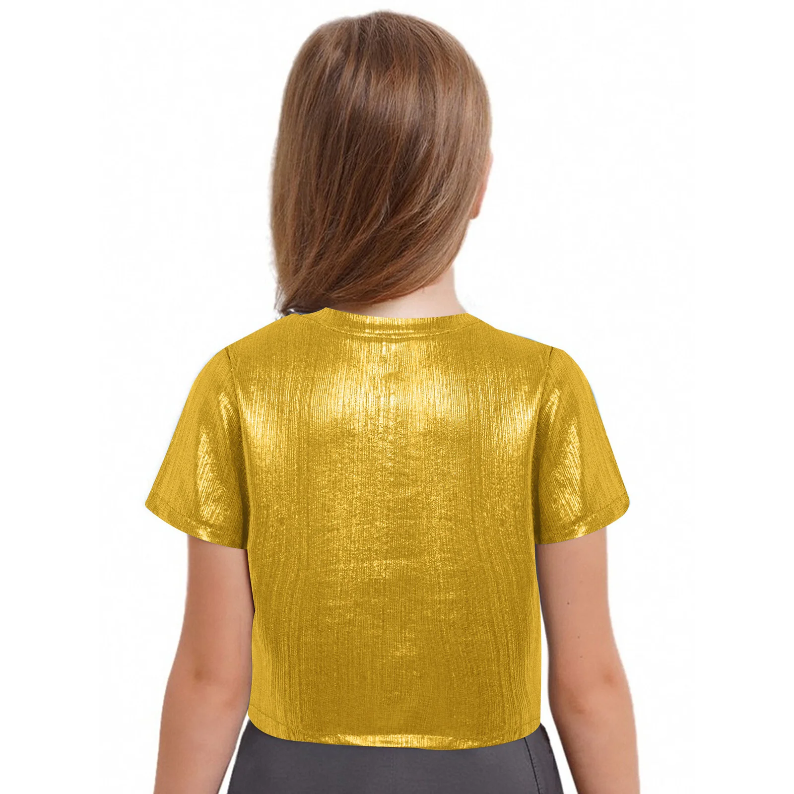 Kids Girls T-shirt Hip-Hop Jazz Dance Tops Metallic Short Sleeve Lace-up Keyhole Hem Shirts for Street Dance Performance Costume