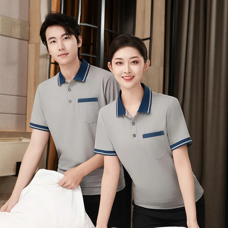 Seragam Kerja Pembersihan Lengan Pendek untuk Kamar Tamu Hotel Properti Rumah Tangga Pusat Perbelanjaan Pembersihan StafftSummer T-shirt