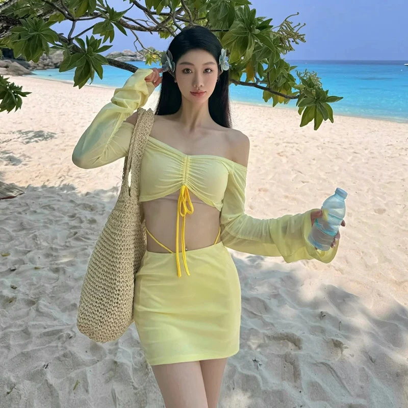 

Sexy Yellow Swimsuit Women Bandeau Long Sleeve Bikini 3 Pieces Swimwear Set Lady Push Up Bathing Suit Korean Beach Skirt Wear