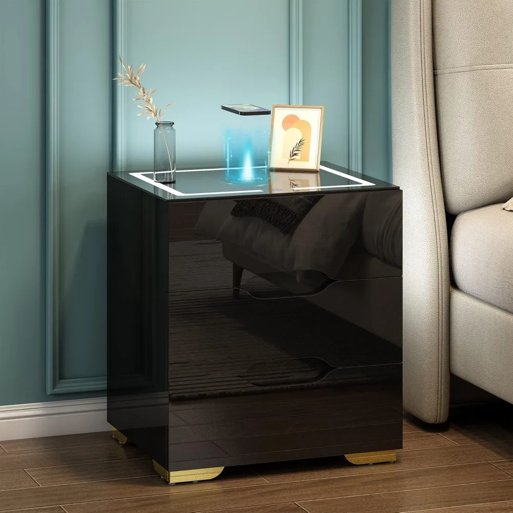 

High Gloss Smart Bedside Table with Adjustable LED Lights, Smart Nightstand with Wireless Charging Station & USB Charging