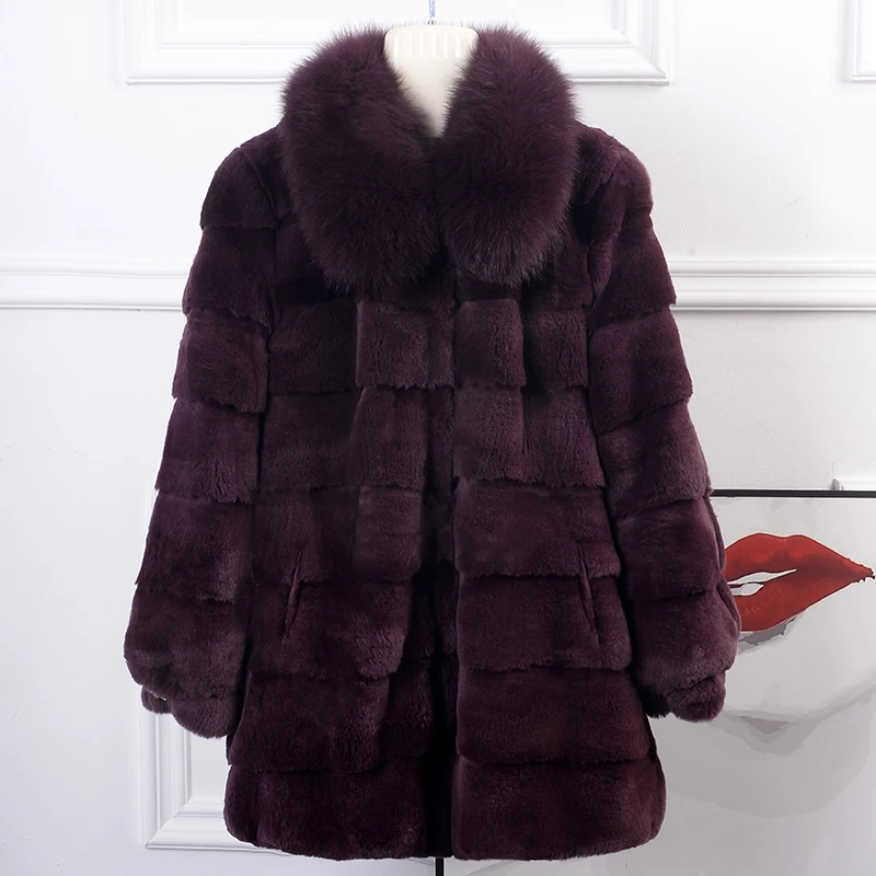 

Rabbit Fur Fur Coat Women's Genuine Hair 2023 Winter New Full Skin Rex Rabbit Fur Medium Length Coat Fox Fur Collar