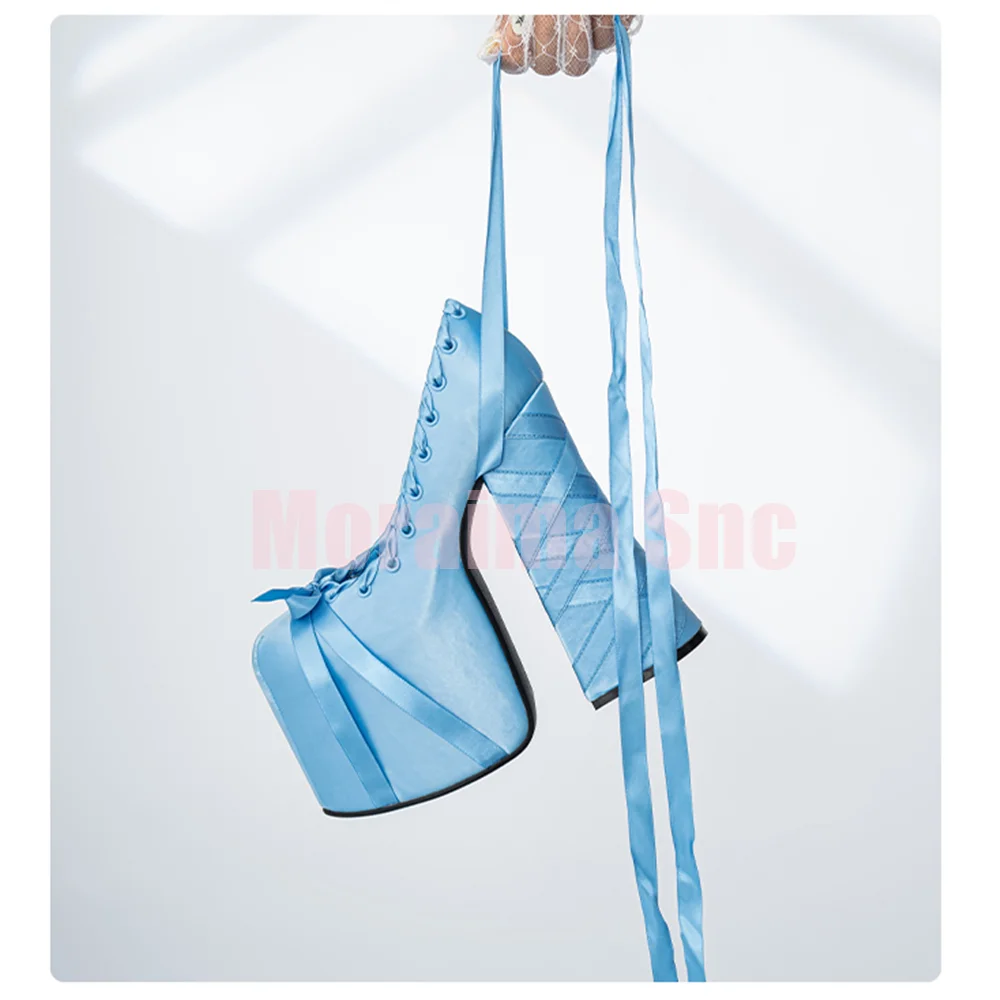 

Platform Cross Strap Lace-up Pumps Satin Butterfly Knot Decor Block Chunky Heeled Women's Shoes Mary Janes Dress Party 2025 New