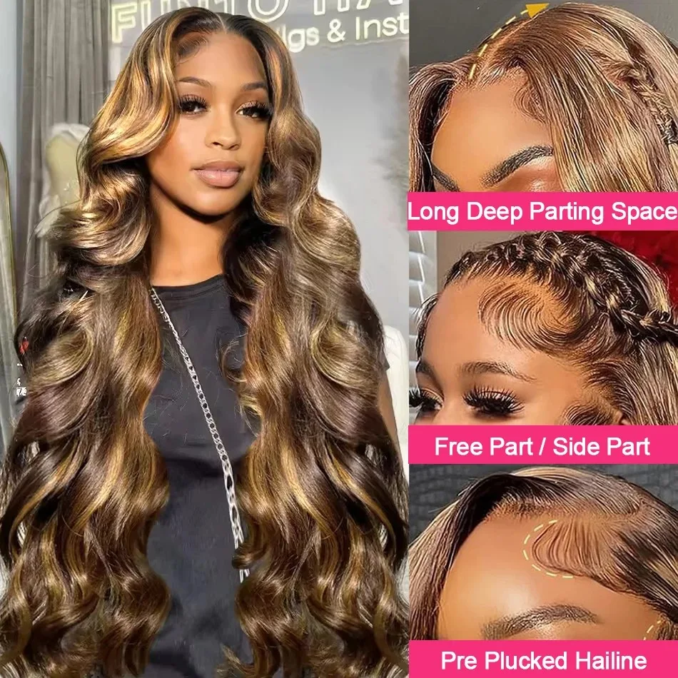 Destaque peruca longa onda do corpo perucas frontais do laço sintético 13x4 hd marrom loira sem cola de alta qualidade pré arrancado cosplay perruque