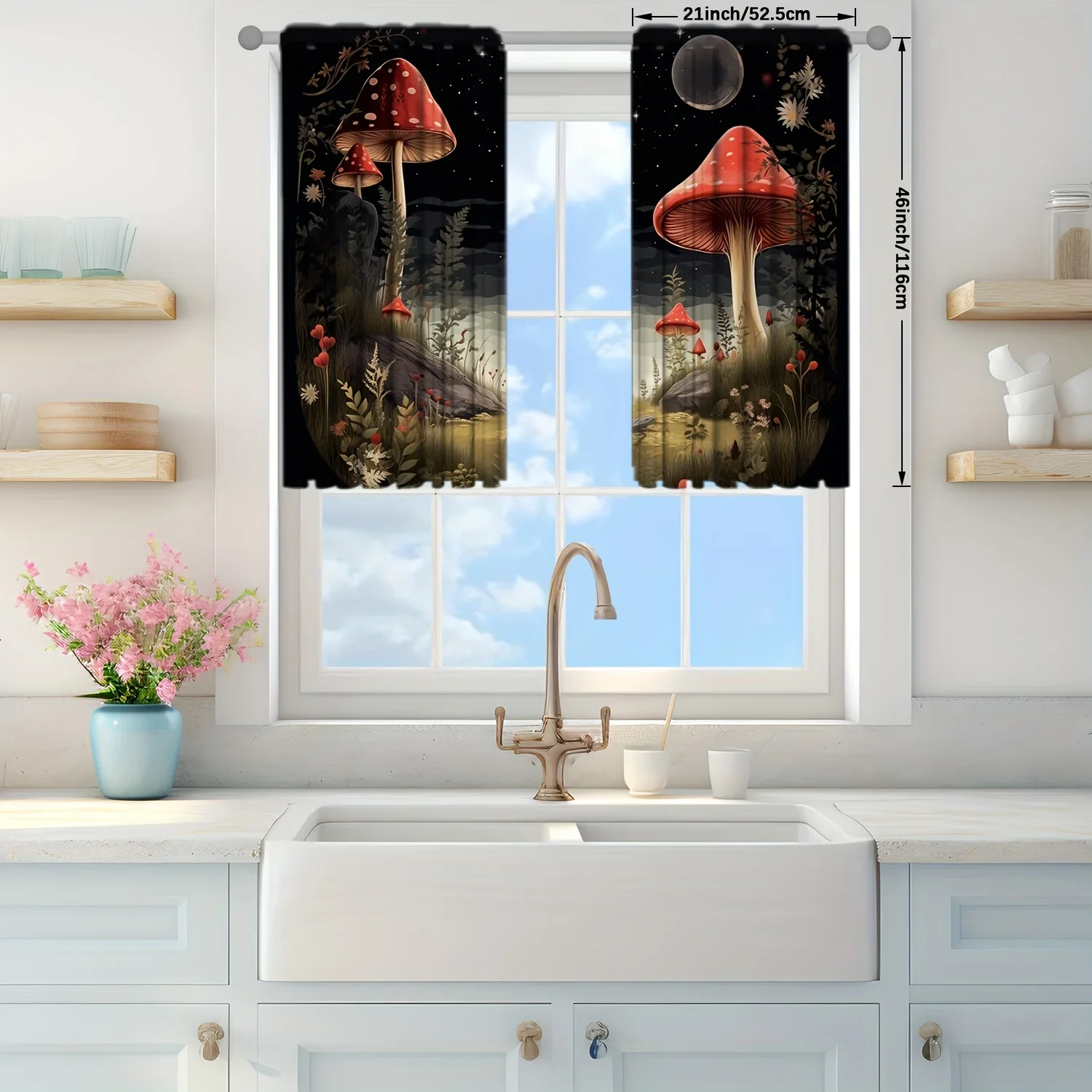 2pcs Dark Mushroom Printed Curtain for Home Decor - Rod Pocket Window Treatment for Bedroom,Office,Kitchen,Living Room,and Study