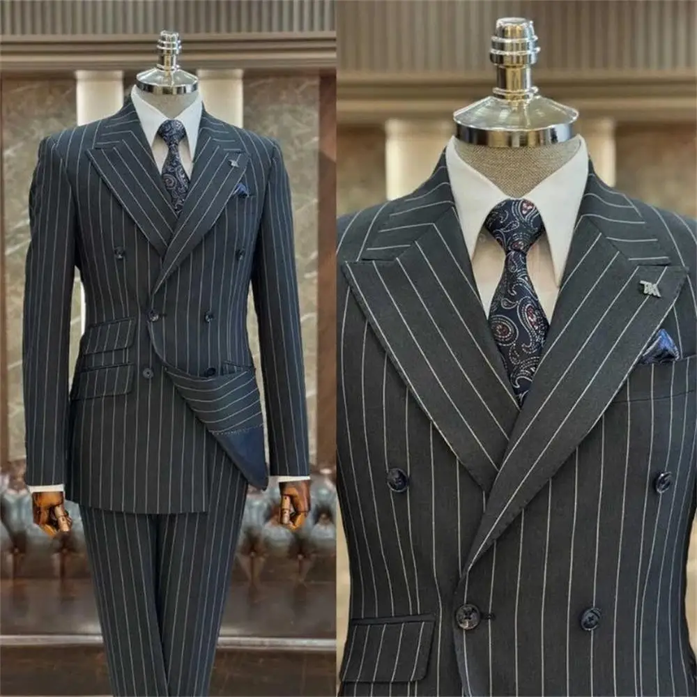 

Men's Striped Suit Black Gray Double Breasted Peak Lapel Jacket Straight Leg Trousers Business striped suit groom wedding suit