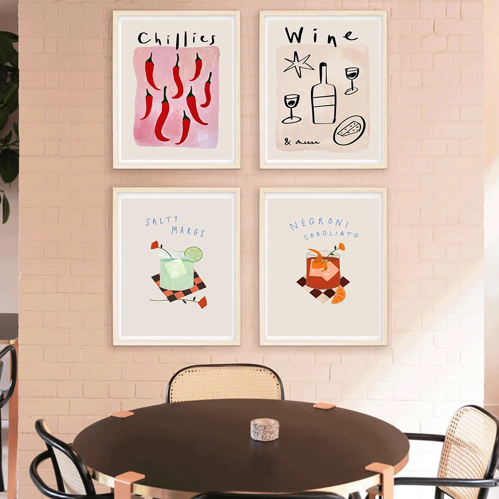 Impresiones de ilustración de Chile, póster artístico de vino, queso, cóctel, bebidas, Negroni, Margs, imágenes, cafetería, Bar, arte estético, pintura de pared