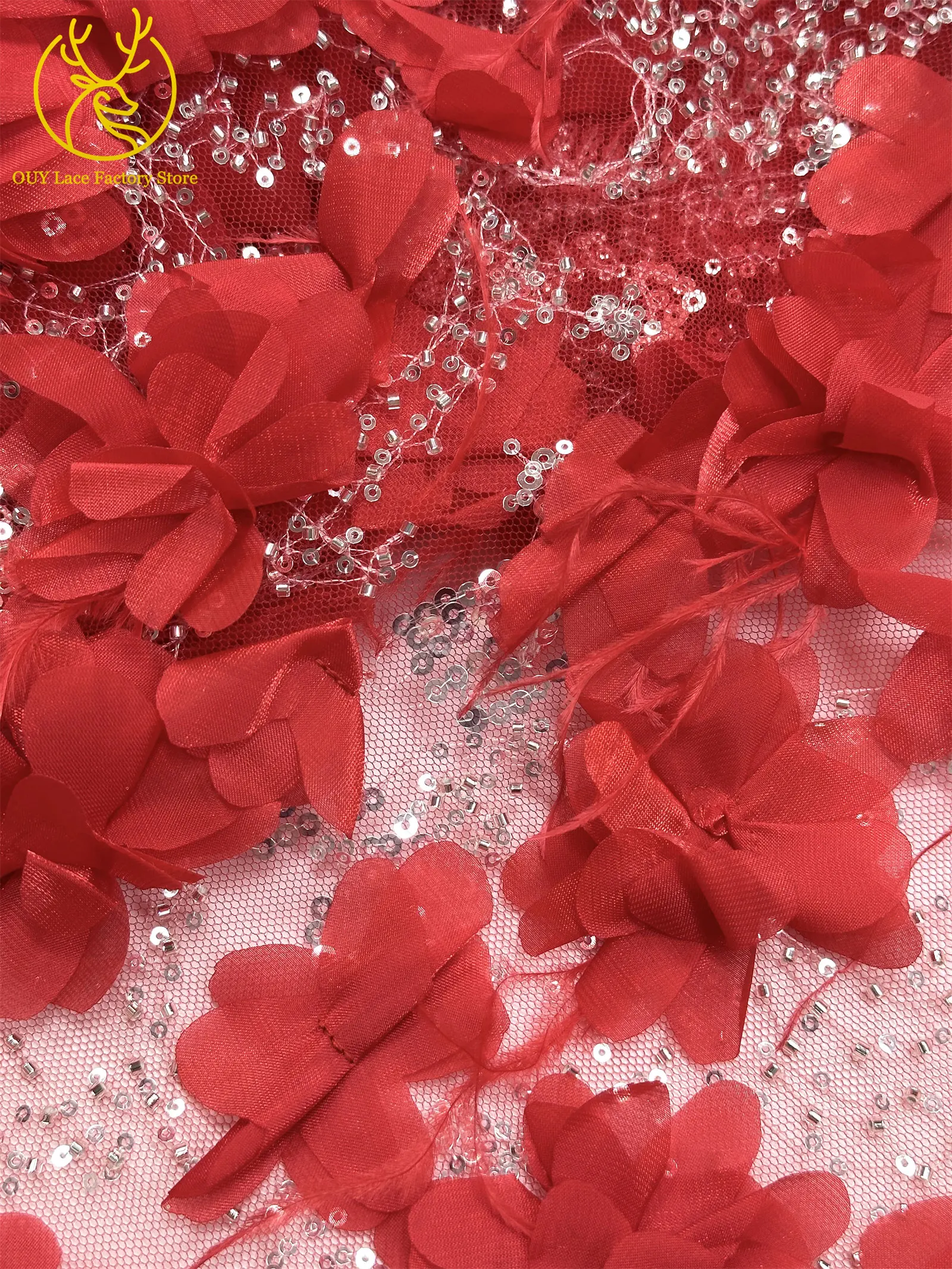 Exquisite 3D-Applikation Französische Pailletten Tüllspitze 2026 Hochwertige Perlenbesetzte Afrikanische Spitze Rotes Nigerianisches Hochzeits-Abendkleid – Detail 30