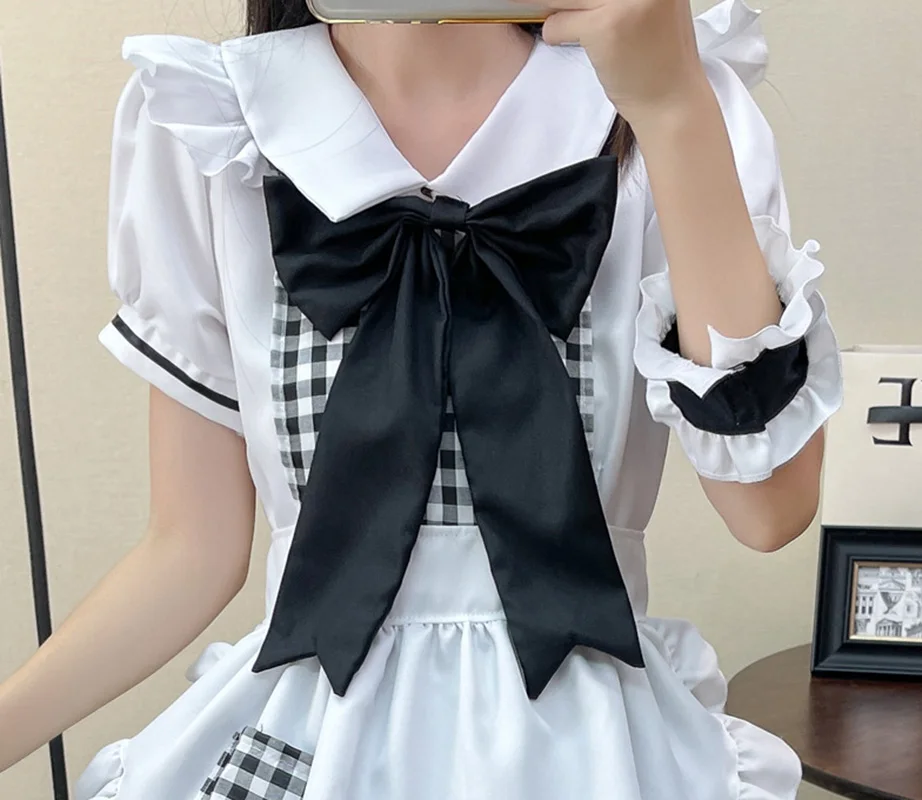 Black Red Grid Maid Suit Lolita Dress Big Bowknot Kawaii Role Play Costume Classical Cute Style Anime Cosplay Waiter Uniforms