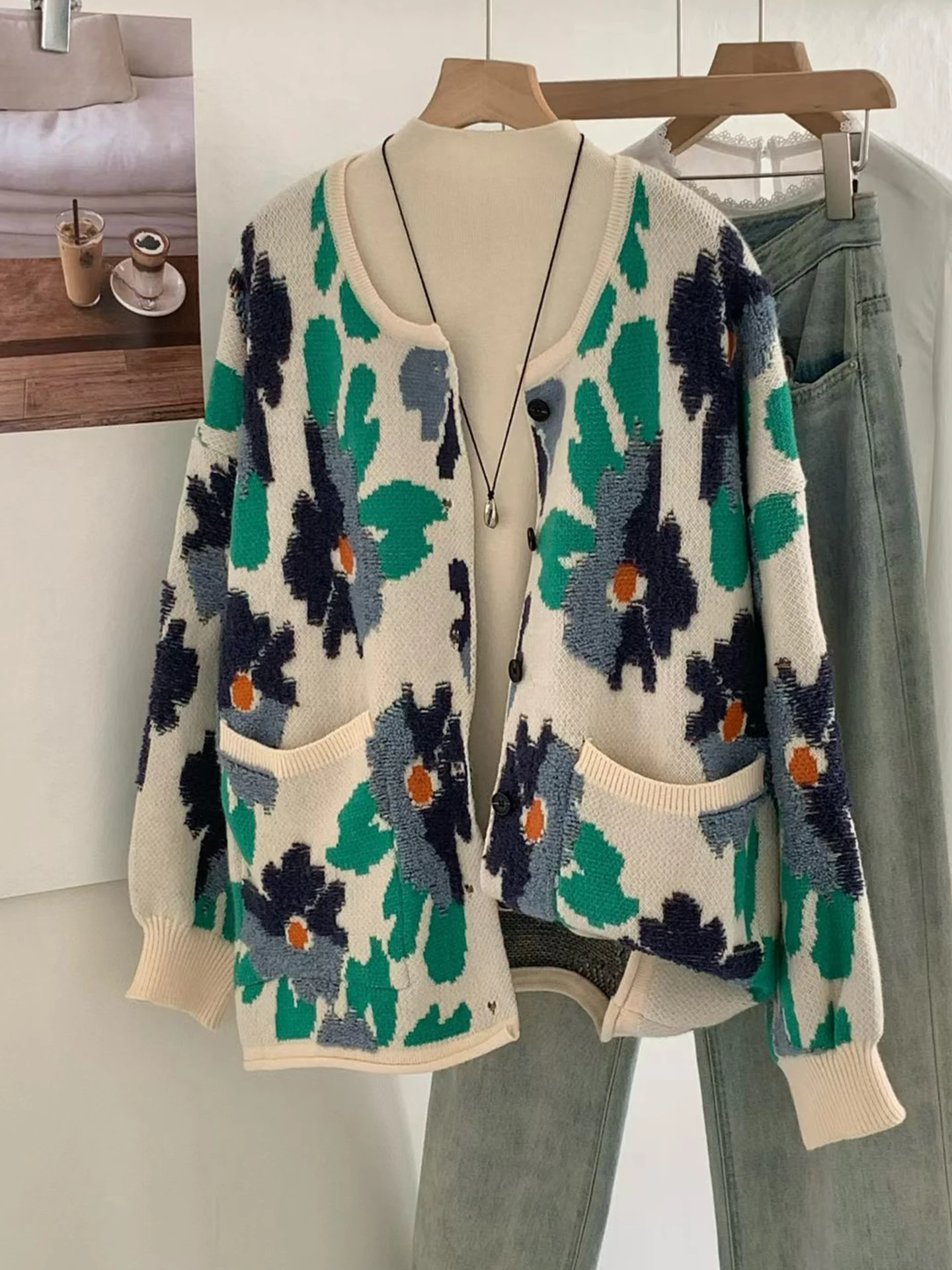 

Женский вязаный кардиган Ele с вышивкой, свободного кроя, осенне-зимний, больших размеров, удобный повседневный свитер-жакет