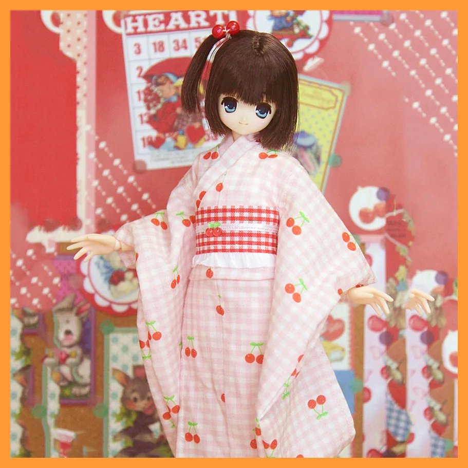 

1/3 1/4 Scale Cherry Plaid Kimono Yukata Cute Bathrobe Clothes Model for azone ob21/22/23/24/25/27 Momoko Blyth licca Dolls