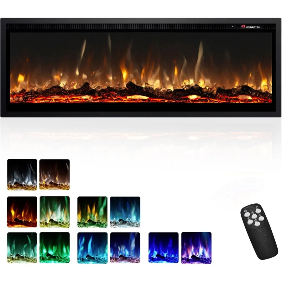 

50 Inch Electric Fireplace Recessed Wall Mounted Freestanding with Remote Control Ultra-thin Fireplace Heater in Black with Adj