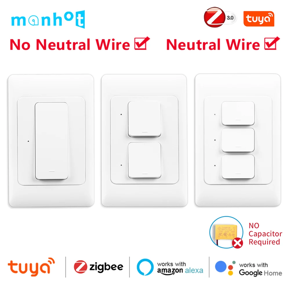 Tuya Smart Zigbee Push Button Wall Light Switches 110-240V NO Neutral Wire &Neutral Wire Physical Interruptor Google Home Alexa